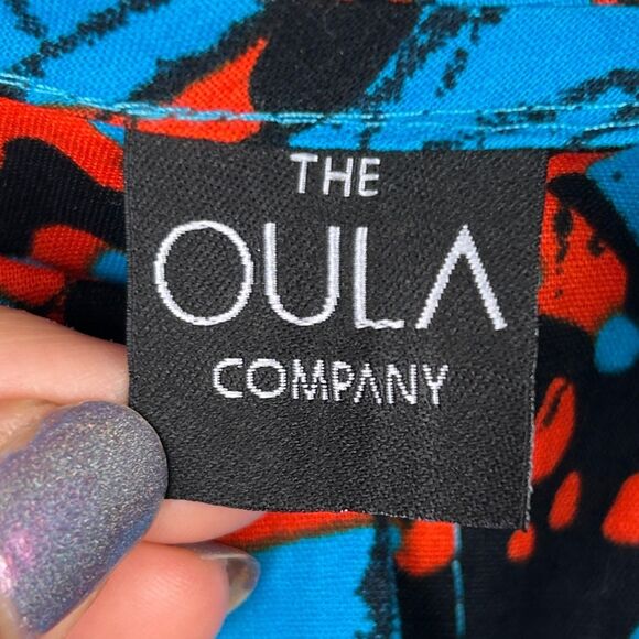 The OULA Company Tie Front Split Neck Dress Blue Orange Print Bell Sleeves S EUC - Picture 11 of 12